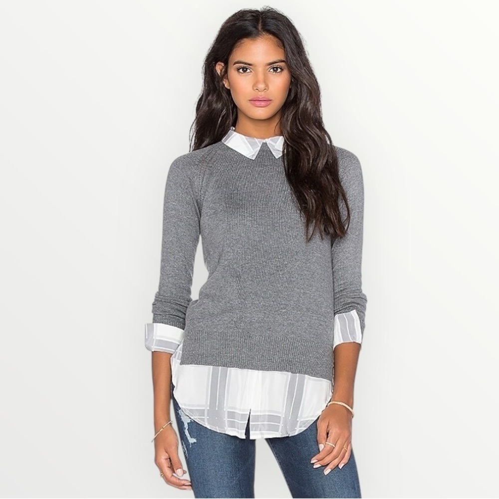 CENTRAL PARK WEST Gray Sweater Shirt 2 in 1 Tailored Silk Dress Plaid S Work